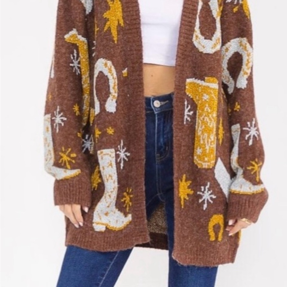 Cozy Brown Cardigan with Yellow and White Patterns